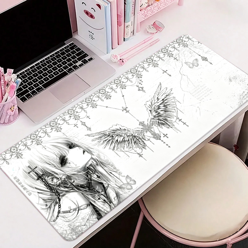 Gaming Accessories Setup - Leder-Mauspad Schwarz Weiß Anime Ästhetik Engel-Mädchen